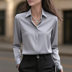 Women's collared satin button front blouse in grey