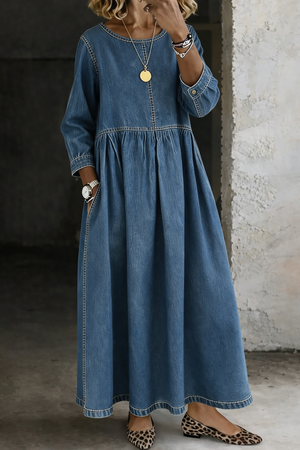 Women's Long Sleeve Denim Maxi Dress with Pockets