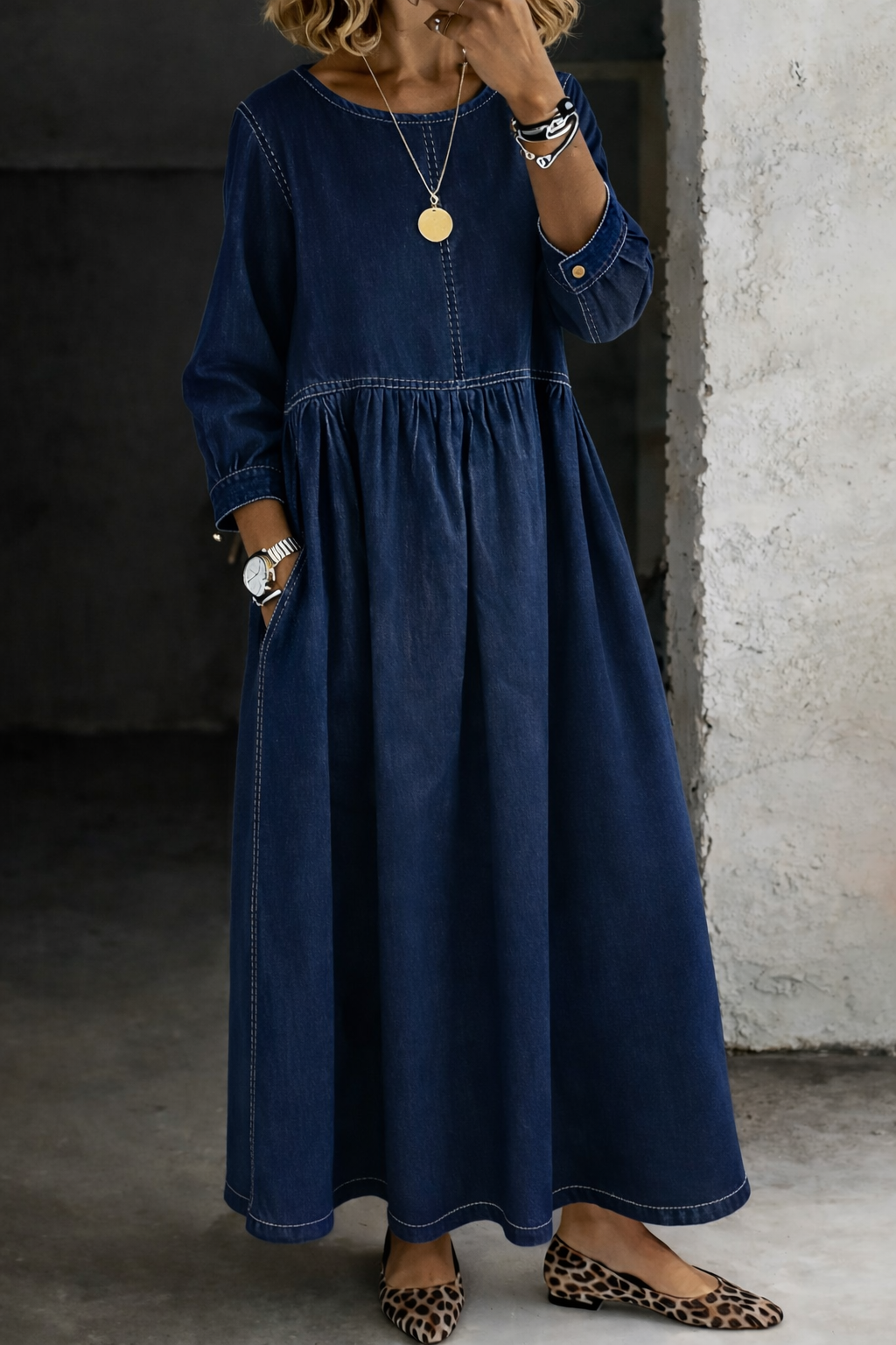 Women's Long Sleeve Denim Maxi Dress with Pockets