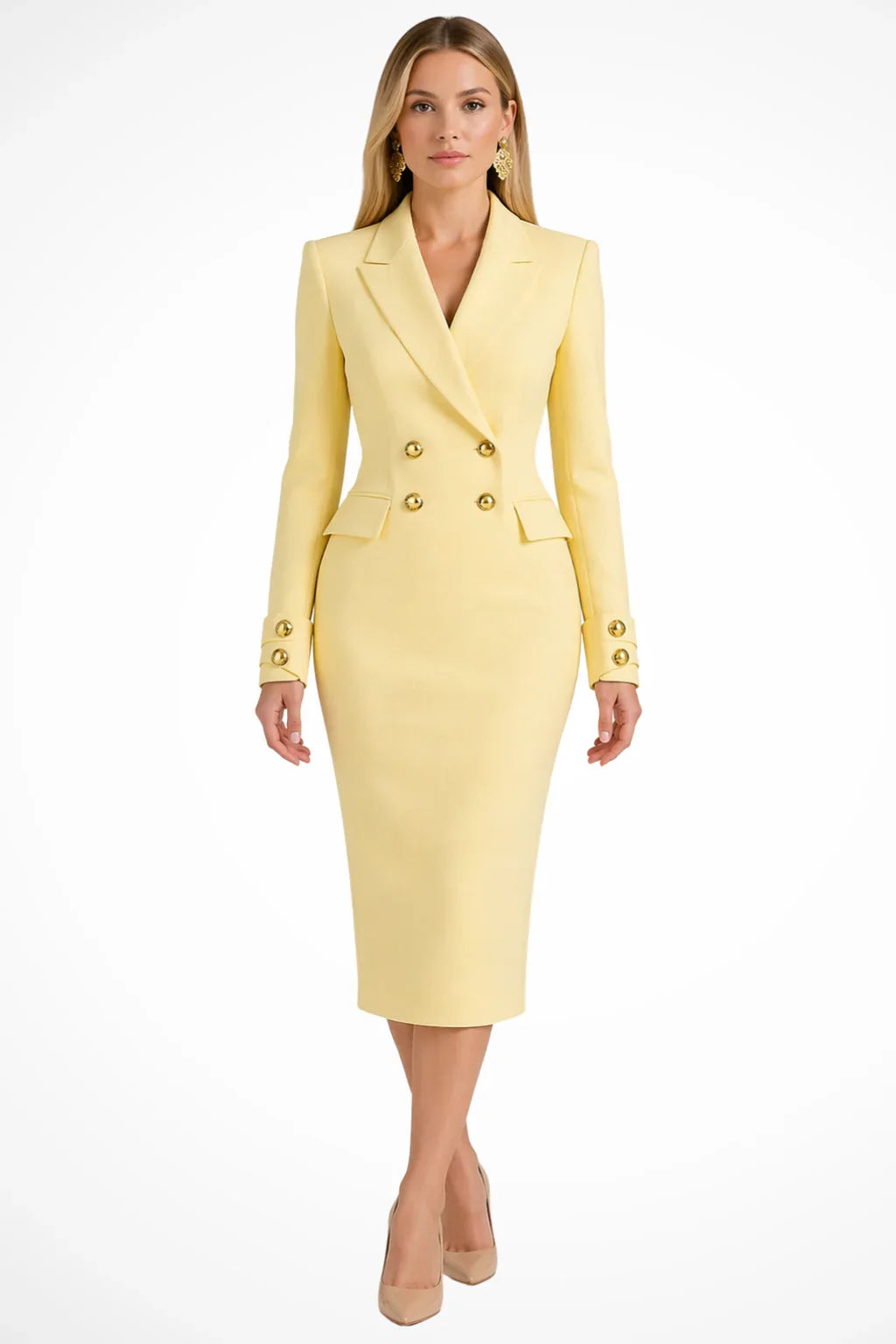 Women's elegant double breasted blazer midi dress for occasions in yellow