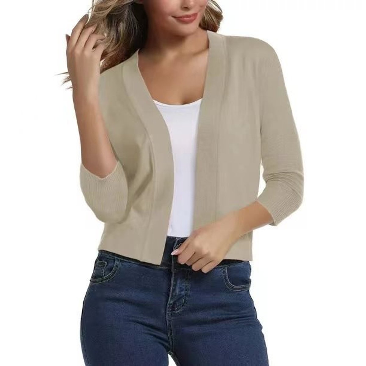 Open front cropped cardigan sweater in beige