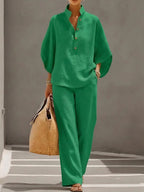 Women's Two-Piece Set Collared Blouse with Wide-Leg Trousers