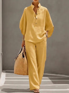 Women's Two-Piece Set Collared Blouse with Wide-Leg Trousers