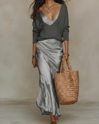 Women's elegant two piece maxi skirt set for wedding guests in grey