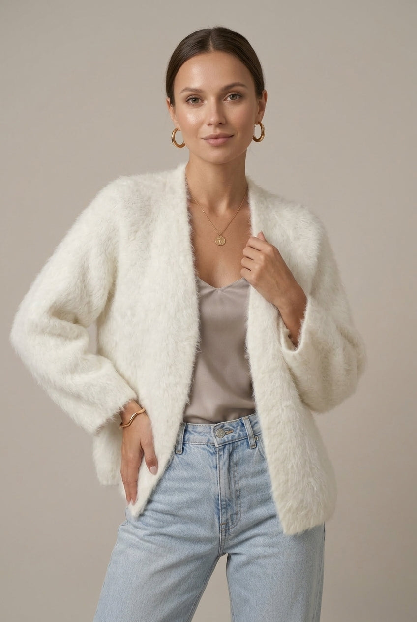 Plush alpaca knit cardigan in white