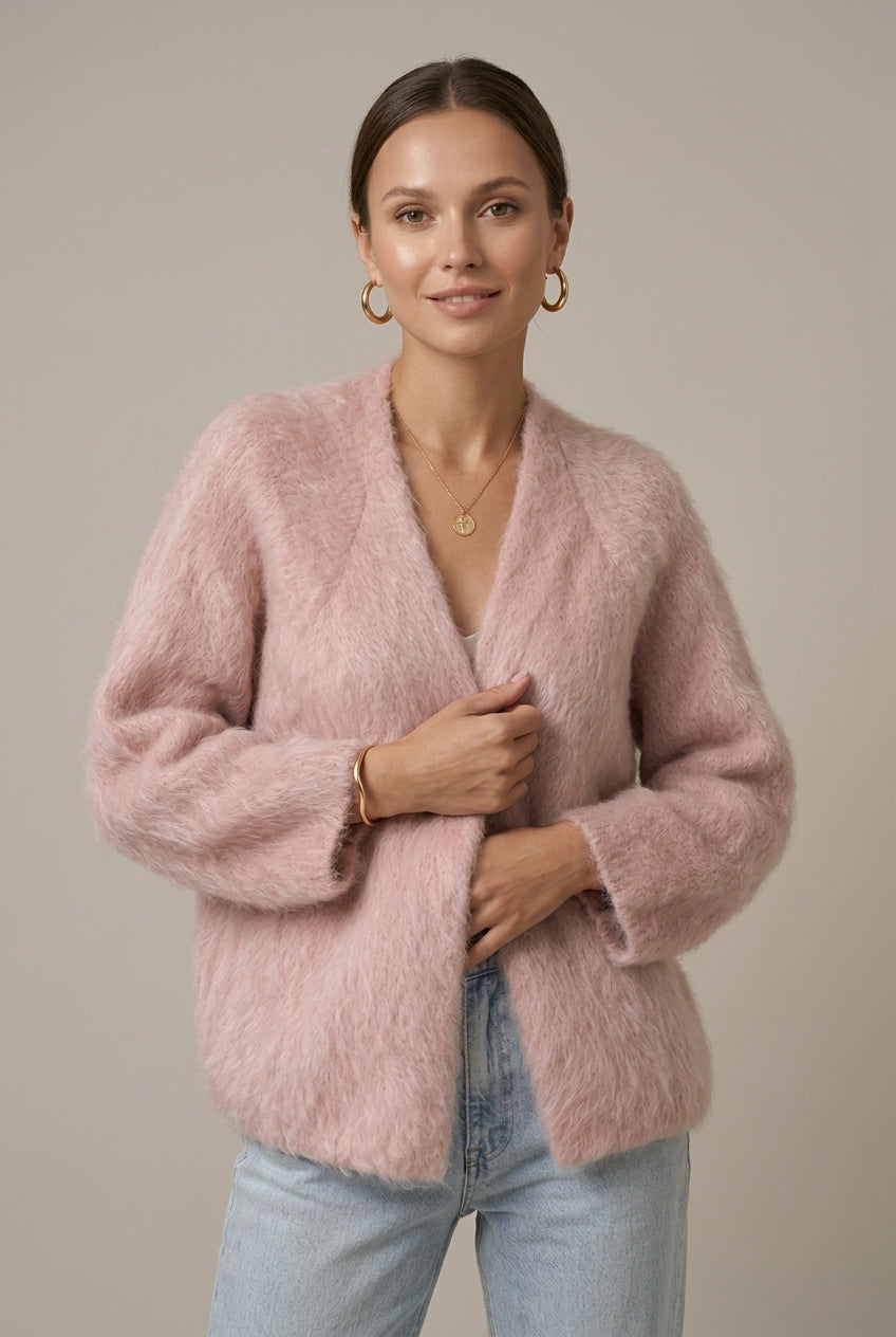 Plush alpaca knit cardigan in pink