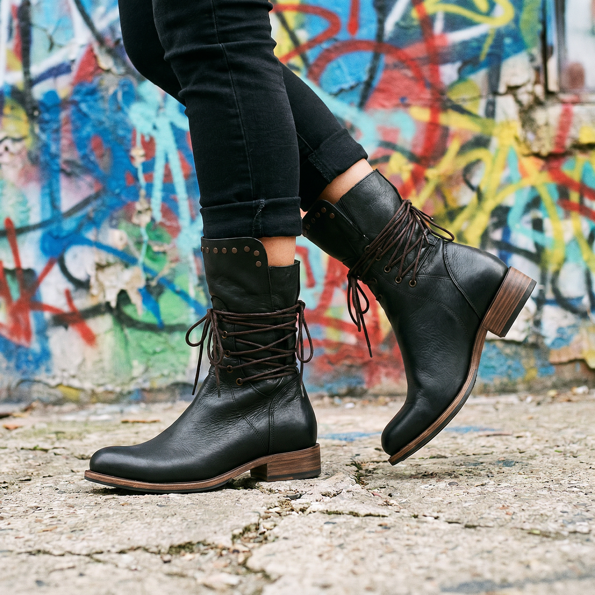 Studded lace-up mid-calf leather boots with block heel