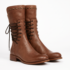 Studded lace-up mid-calf leather boots with block heel
