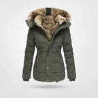 Women's hooded puffer jacket with fur trim and fleece lining in green
