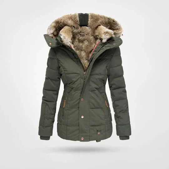 Women's hooded puffer jacket with fur trim and fleece lining in green