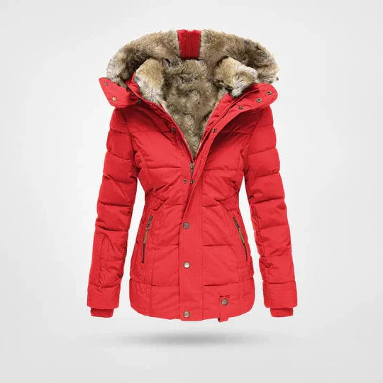 Women's hooded puffer jacket with fur trim and fleece lining in red