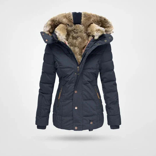 Women's hooded puffer jacket with fur trim and fleece lining in blue