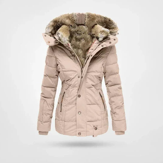 Women's hooded puffer jacket with fur trim and fleece lining in pink