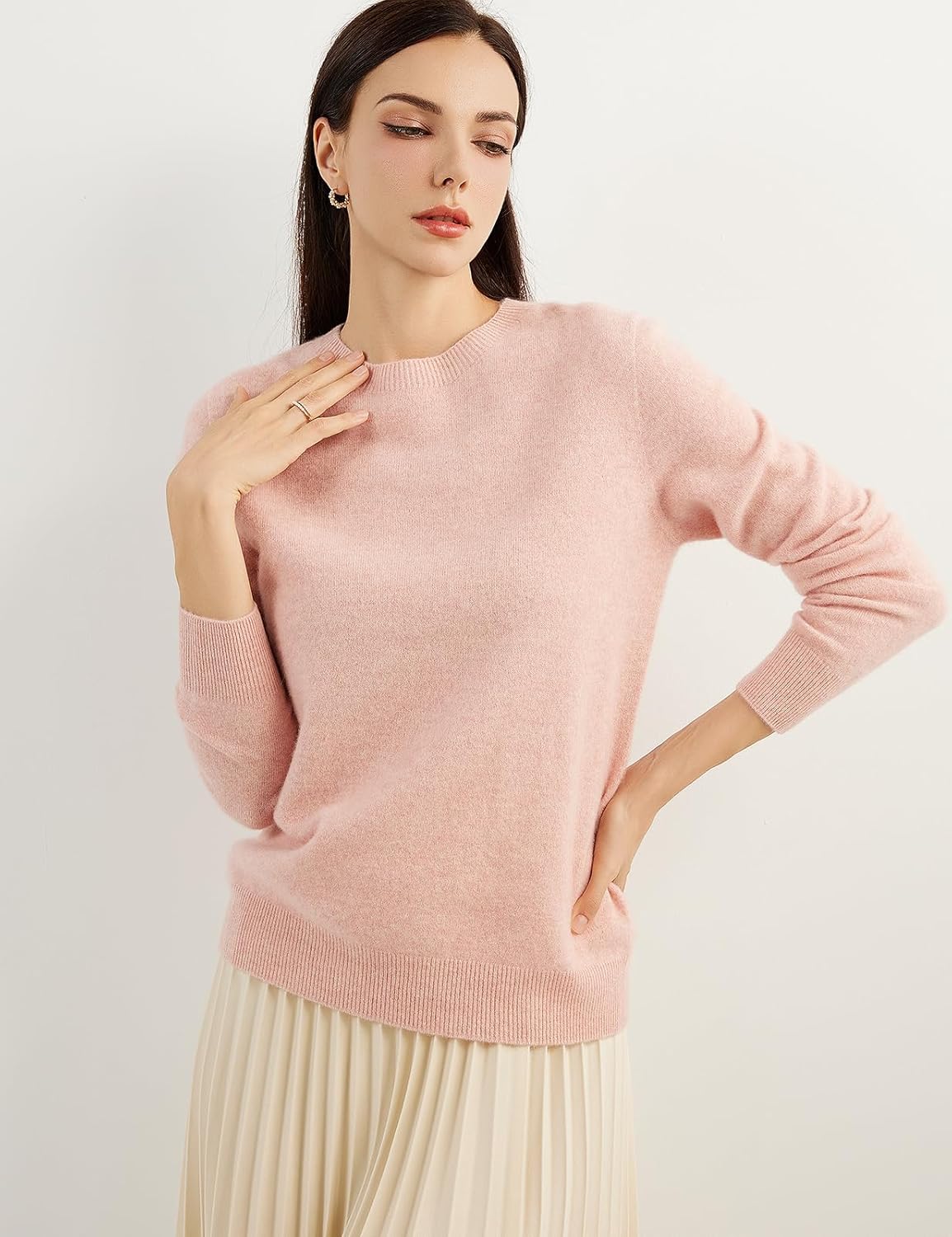 Women's luxe cashmere crew neck sweater in pink