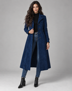 Long faux suede a-line coat with notch lapel in blue