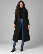 Long faux suede a-line coat with notch lapel in black