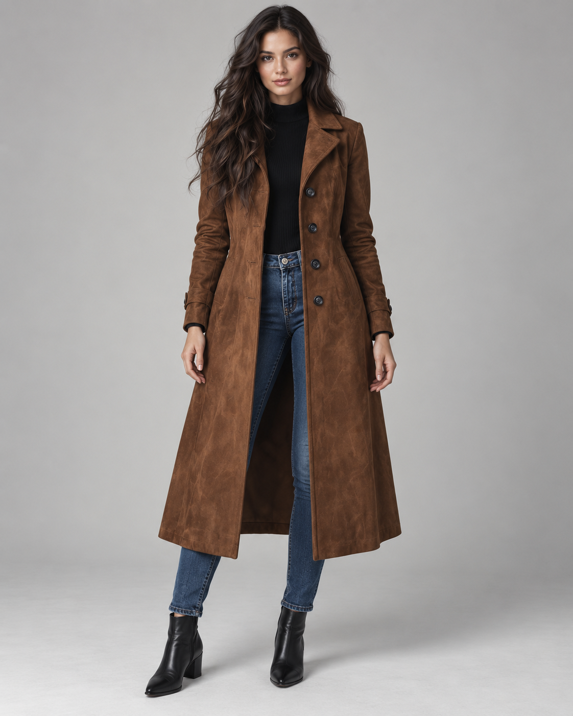 Long faux suede a-line coat with notch lapel in brown