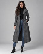 Long faux suede a-line coat with notch lapel in grey